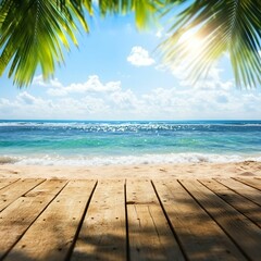Fototapeta premium Tranquil Beach Scene with Blue Ocean and Lush Green Palm Leaves