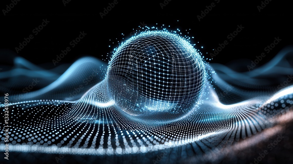 Poster a futuristic glowing 3d sphere composed of a dynamic network of interconnected particles representin