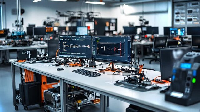 Modern technology lab equipped with multiple monitors and high-tech devices in 4K clarity