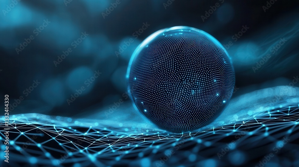 Poster a luminous digitally rendered sphere floating in a dynamic wireframe like landscape with a moody atm