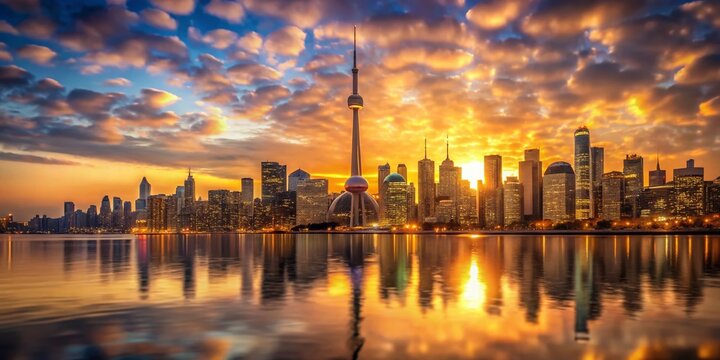Toronto Sunset Skyline: Golden Hour Cityscape with Bokeh Effect