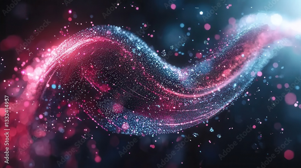 Poster captivating digital abstract featuring vibrant shimmering neon waves that flow and dance across the 