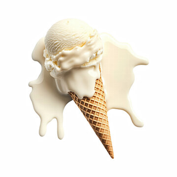 Realistic melting vanilla ice cream cone with waffle texture, turned upside down and spilling creamy ice cream on white surface, isolated on transparent background.