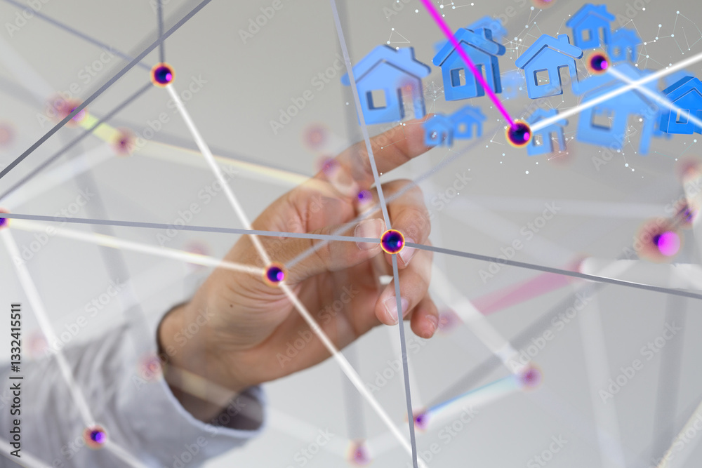 Poster home data. Digital cyberspace with particles and Digital data network connections concept. - 3d
