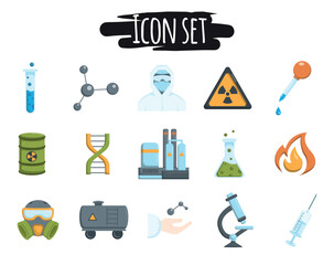 Colored vector icons of chemical industry. Signs and symbols related to science, production, laboratory research, medical discoveries