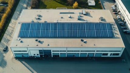 A high-angle drone view of an eco-friendly factory with an array of solar panels integrated into its roof for sustainable energy