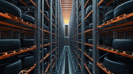 A high-angle view of a large tire warehouse with perfectly aligned stacks of rubber tires on metal racks, creating a symmetrical industrial look