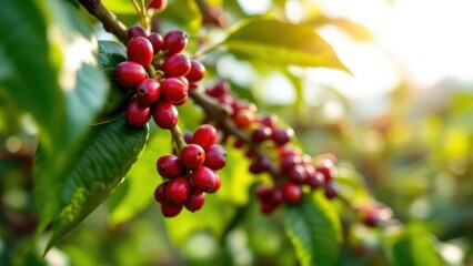 Coffee cherries turning red on a lush plantation in a high-altitude region