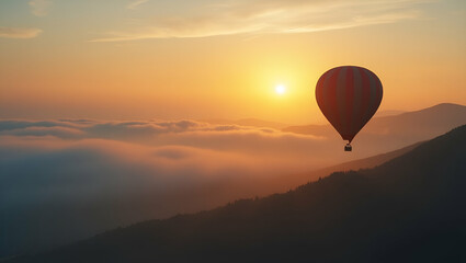 Fototapeta premium Experience the Freedom of Hot Air Ballooning: Epic Sunrise Flights Above Foggy Mountains - Aerial Views Capturing Nature's Serenity and Adventure in Stock Photography