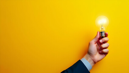 Businessman Holding Light Bulb on Yellow Background: A Symbol of Creativity, Innovation, and Leadership in Workplace Solutions for Inspiring Progress and Problem Solving in Business