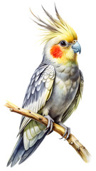 Fototapeta premium Elegant Cockatiel on Branch: A striking cockatiel with its iconic crest, perches gracefully on a slender branch, showcasing vibrant plumage and a charming pose.
