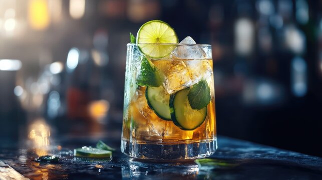 Cucumber Pimms cocktail with lime and ice - A refreshing alcoholic mix with vodka, ginger beer, and lemon juice on a dark bar counter, blank space
