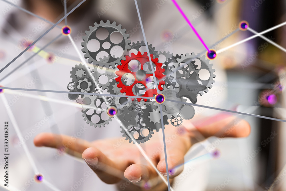 Poster gear system data. Connecting lines and dots.Big data visualization  - 3d