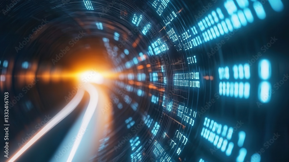 Poster a futuristic glowing digital tunnel representing the rapid transfer and visualization of vast amount