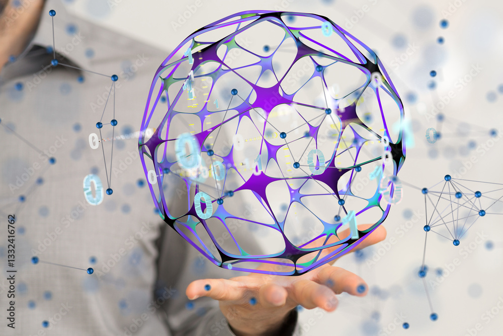 Poster Global network. Blockchain. 3D illustration. Neural networks and artificial intelligence. Abstract  3d