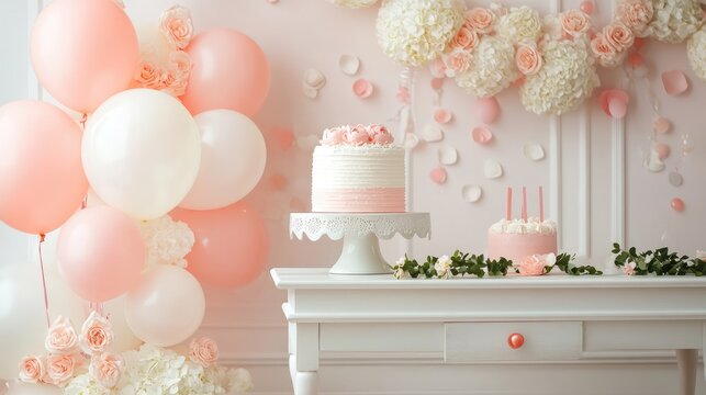 Decorations for a baby party including balloons and garland against a wall background, with a baptism celebration theme, baby-themed text, and a stylish cake.