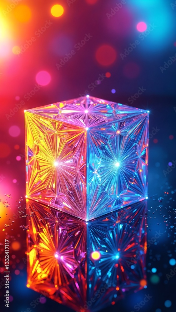 Poster Colorful geometric cube with intricate patterns and reflections on a vibrant background showcasing light effects and dynamic energy in an abstract artistic composition