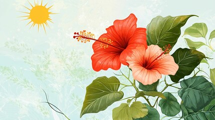 Fototapeta premium Vibrant Hibiscus Flowers Sunlit Tropical Botanical Illustration