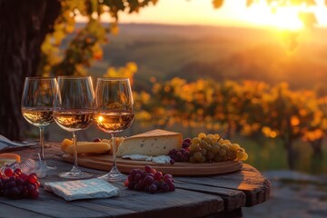 three glasses of white wine and cheese platter with grapes on wooden table with vineyard background at sunset. autumn vineyard scenery. wine tasting, culinary tourism. winery, grape harvest