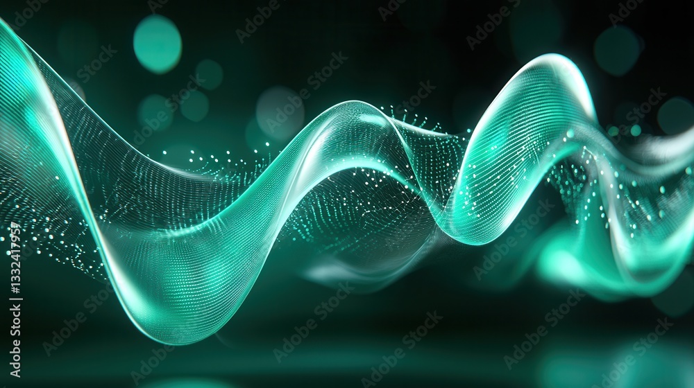 Poster abstract visualization of a digital data wave and neural network connection representing the flow of