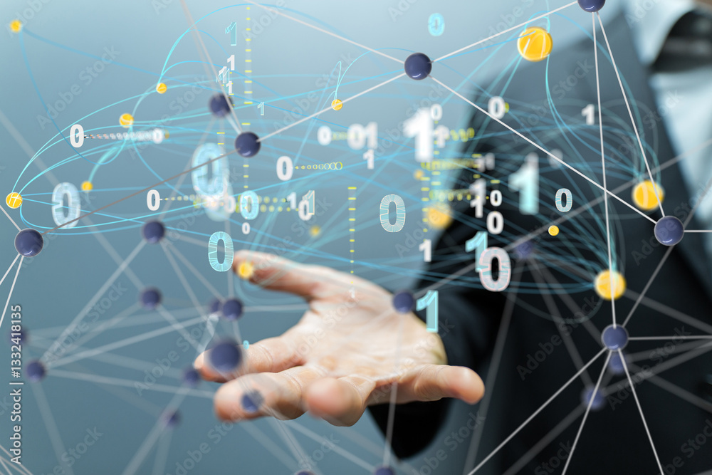 Poster Global network. Blockchain. 3D illustration. Neural networks and artificial intelligence. Abstract  3d