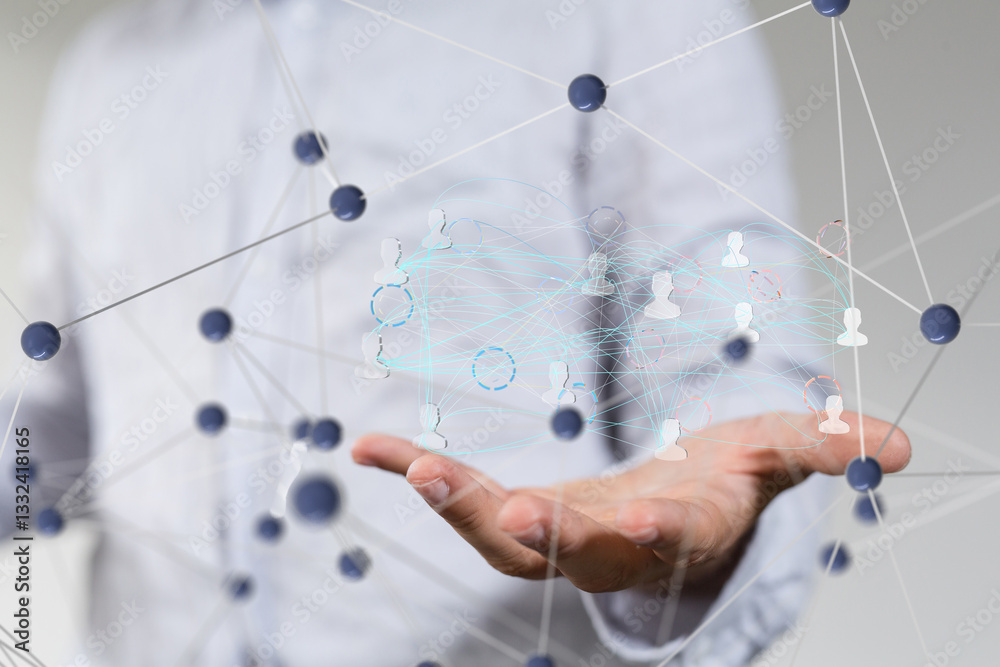 Poster Global network. Blockchain. 3D illustration. Neural networks and artificial intelligence. Abstract