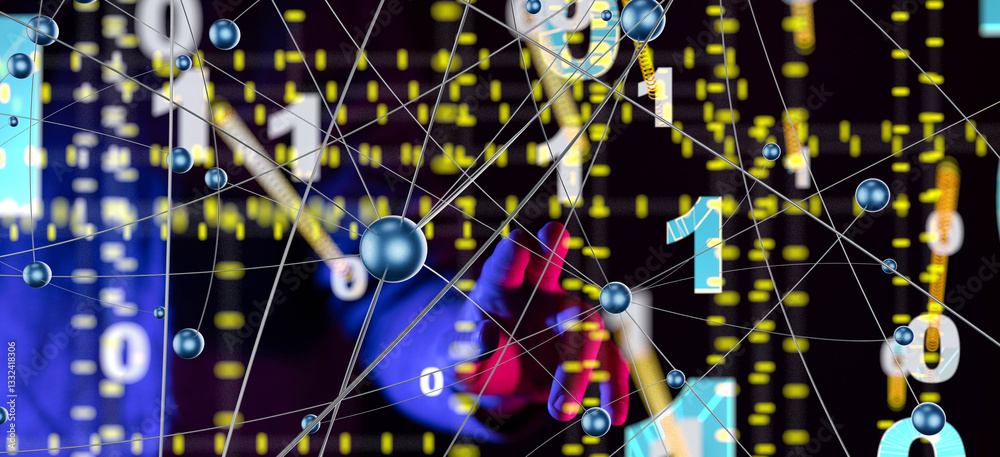 Poster Global network. Blockchain. 3D illustration. Neural networks and artificial intelligence. Abstract