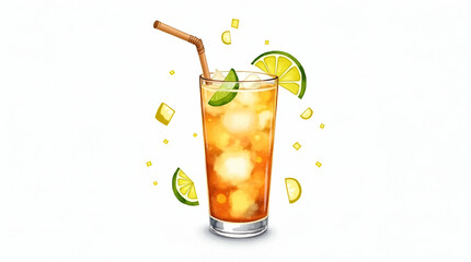 Watercolor Long Island Iced Tea Glass Clipart with Lemon & Lime for Nursery Art on White Background