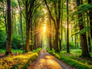 Obraz premium Tranquil Forest Path: Sunlit Walkway Through Lush Plantation