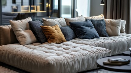 Fototapeta premium Fabric couch with pillows in a comfortable ambiance