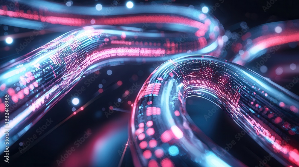 Poster vibrant and dynamic image depicting a futuristic digital data flow concept with neon lit glowing wav