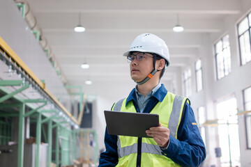 asian engineer working with digital tablet in the electroplating workshop under construction