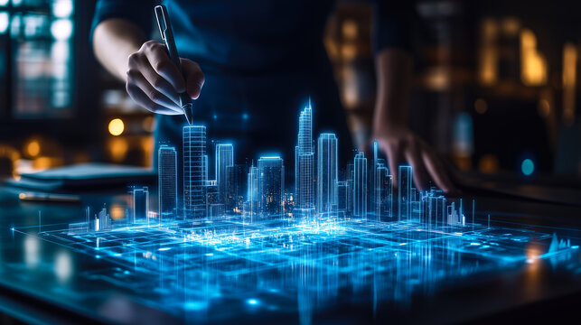 An architect brings architectural designs to life with 3D holographic construction models. The concept of innovation in architecture and futuristic design. Generative Ai.