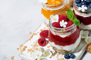desserts with muesli, berry and fruit puree in jars on white background, top view