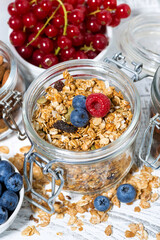 healthy banana muesli and breakfast ingredients, vertical