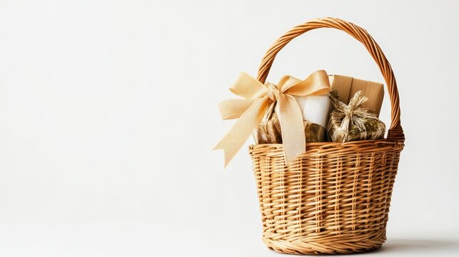 Gift-filled wicker basket on white background