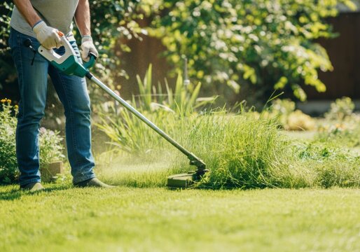 Gardener cutting grass with string trimmer in garden on sunny day