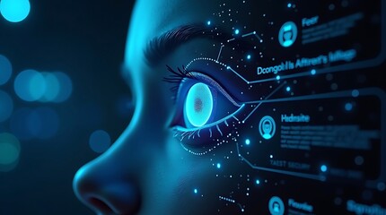 A futuristic digital interface featuring AI-driven biometric authentication, including facial recognition, fingerprint scanning, and retina detection.
