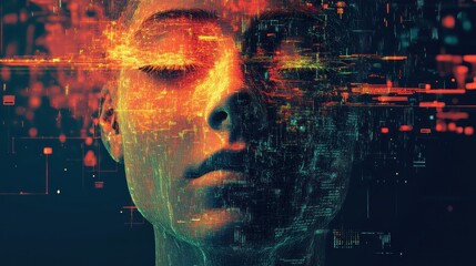 Abstract digital art of a person's face, data streams, and energy, in a futuristic setting