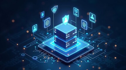 A concept art of an AI-powered firewall protecting a secure database, with layers of digital shields, fingerprint scans, and identity verification floating in a holographic space.