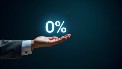 Flat Hand interacting with holographic zero percent interest rate symbol representing zero percent financing discounts no commission sales promotions in empty space concept as Hand interacts with holo