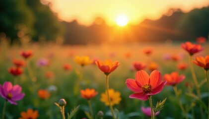 Fototapeta premium Soft focus sunset over vibrant wildflowers, sweet meadow , landscape, purple