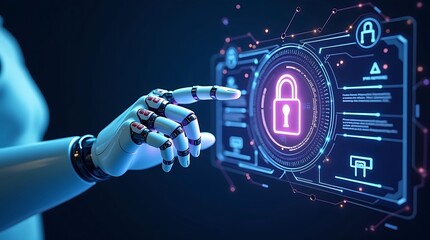 A robotic hand interacting with a holographic security panel displaying encrypted key access, two-factor authentication, and real-time AI threat detection alerts.