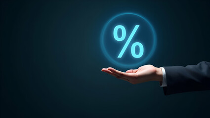 Flat Hand Engaging with Holographic 0% Interest Rate Symbol: Unlock Zero Financing Discounts & No Commission Sales Promotions in a Smart Business Illustration
