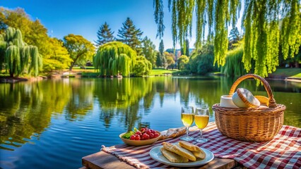 Obraz premium Tranquil Pond, Beacon Hill Park, Victoria BC: Lush Willow Trees & Blue Sky Scenic View