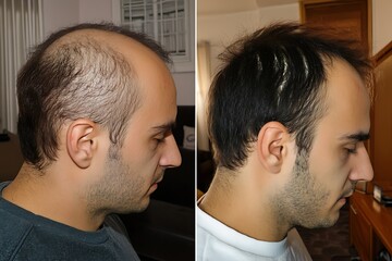Obraz premium Before-and-after photo of a man's hair loss treatment, showing visible improvement in thickness.