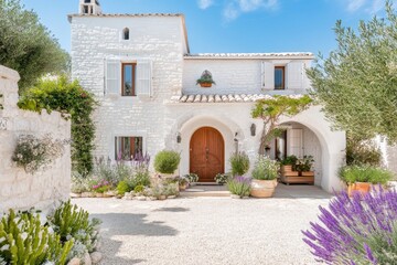 Fototapeta premium A Mediterranean villa with terracotta roof tiles, arched windows, and a lush garden filled with olive trees and lavender