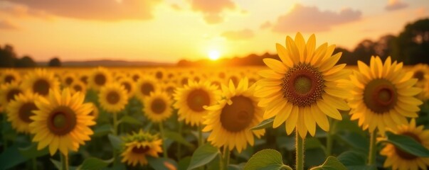 Fototapeta premium Sunflowers dance in golden sunset glow, tranquil field scene , landscape, stems, flowers