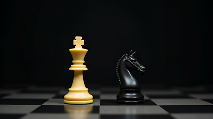 Flat King and Knight Chess Setup: Classic Strategy Dynamics on Dark Background - A Cute Vector Illustration of Royal vs Knight Game Concept