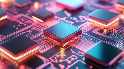 Detailed view of an intricate and complex digital network connection grid featuring a dark futuristic and abstract design with colorful vibrant and glowing electronic components and circuitry
